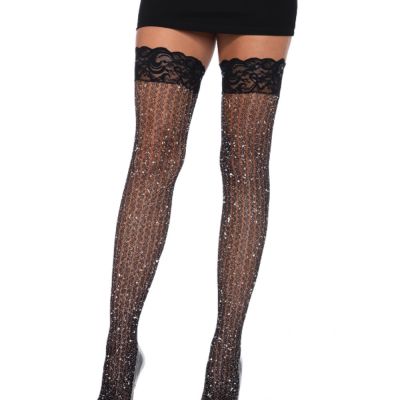 Leg Avenue Stay Up Lace Top Lurex Shimmer Cable Net Thigh Highs Black OS 9322